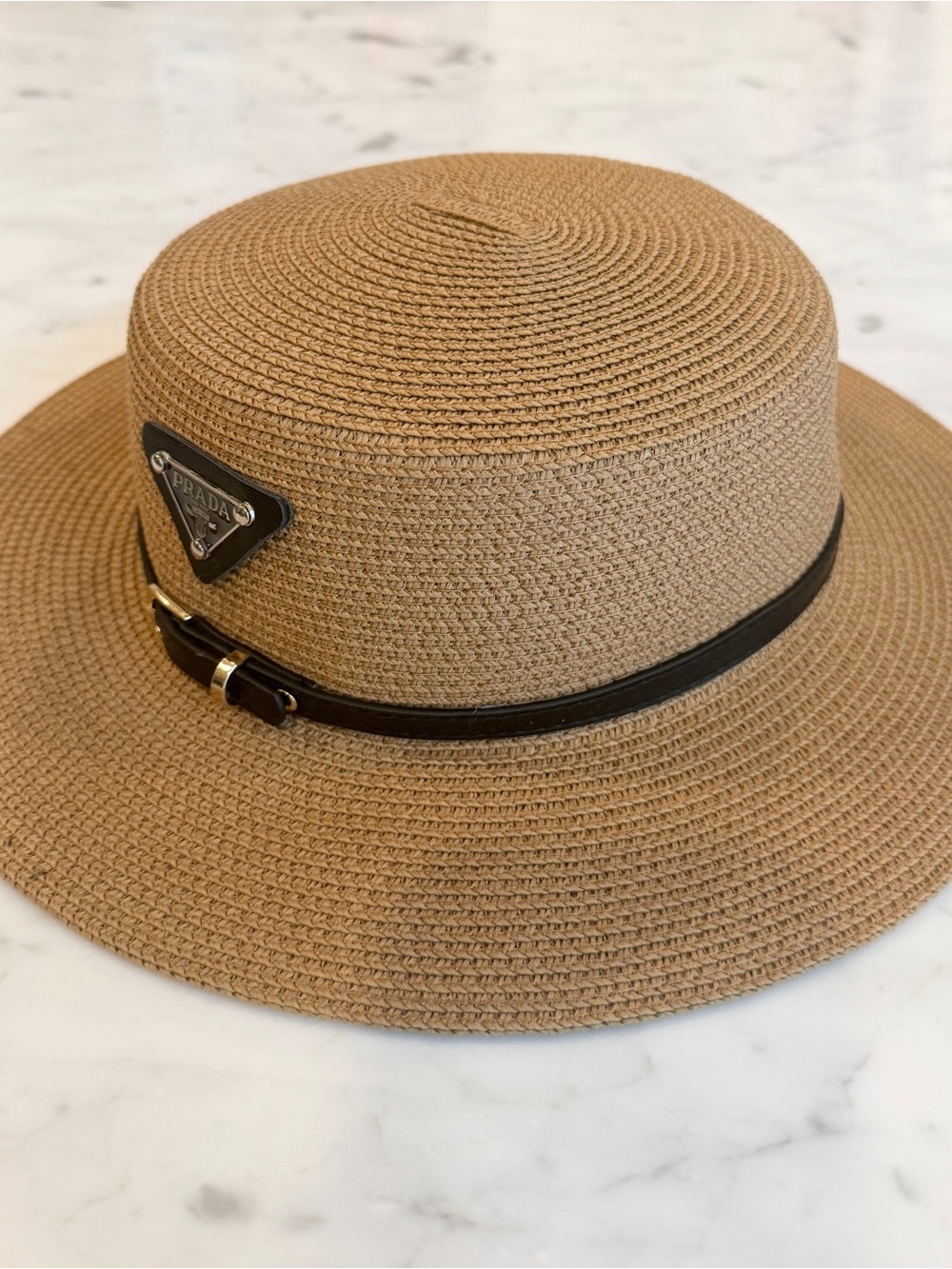 NotPrada Tan Straw Fedora with Black Trim and Logo Plaque - Picture 4 of 6